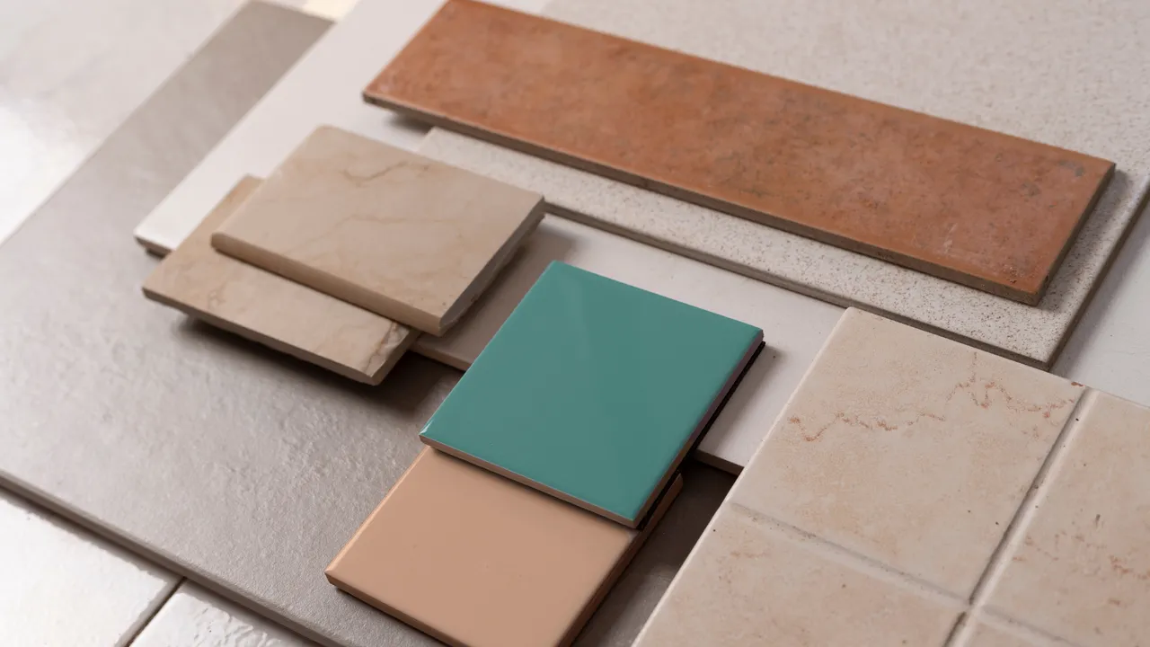 Próbki płytek ceramicznych w kilku kolorach i fakturach ułożone obok siebie