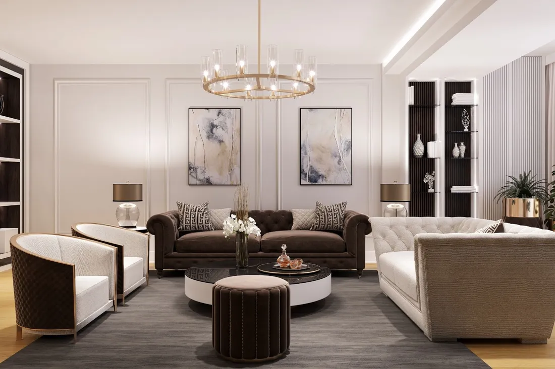 Klasyczny salon z brązową sofą chesterfield, fotelami i żyrandolem