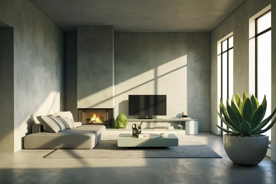 Minimalistyczny salon w lofcie z kominkiem, sofą i dużymi oknami